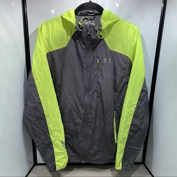 Under Armour Hooded Jacket Men Size Small Gray Green Storm Fitted All Season Run - Picture 1 of 11